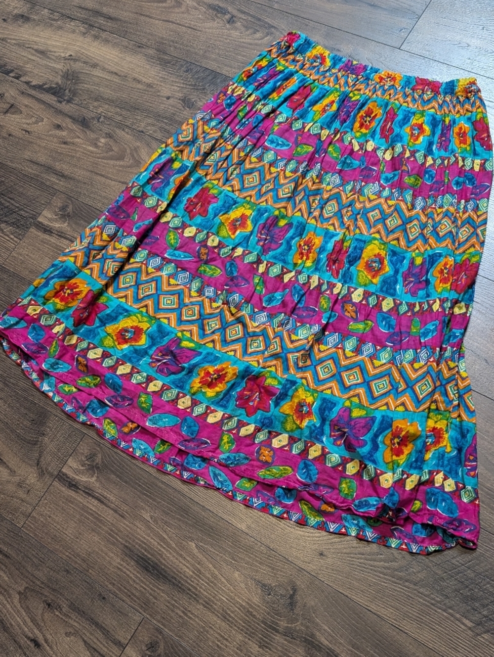 Blue Cabana 90s‎ Gypsy Floral Geometric Midi Maxi Skirt Size L See Measurements